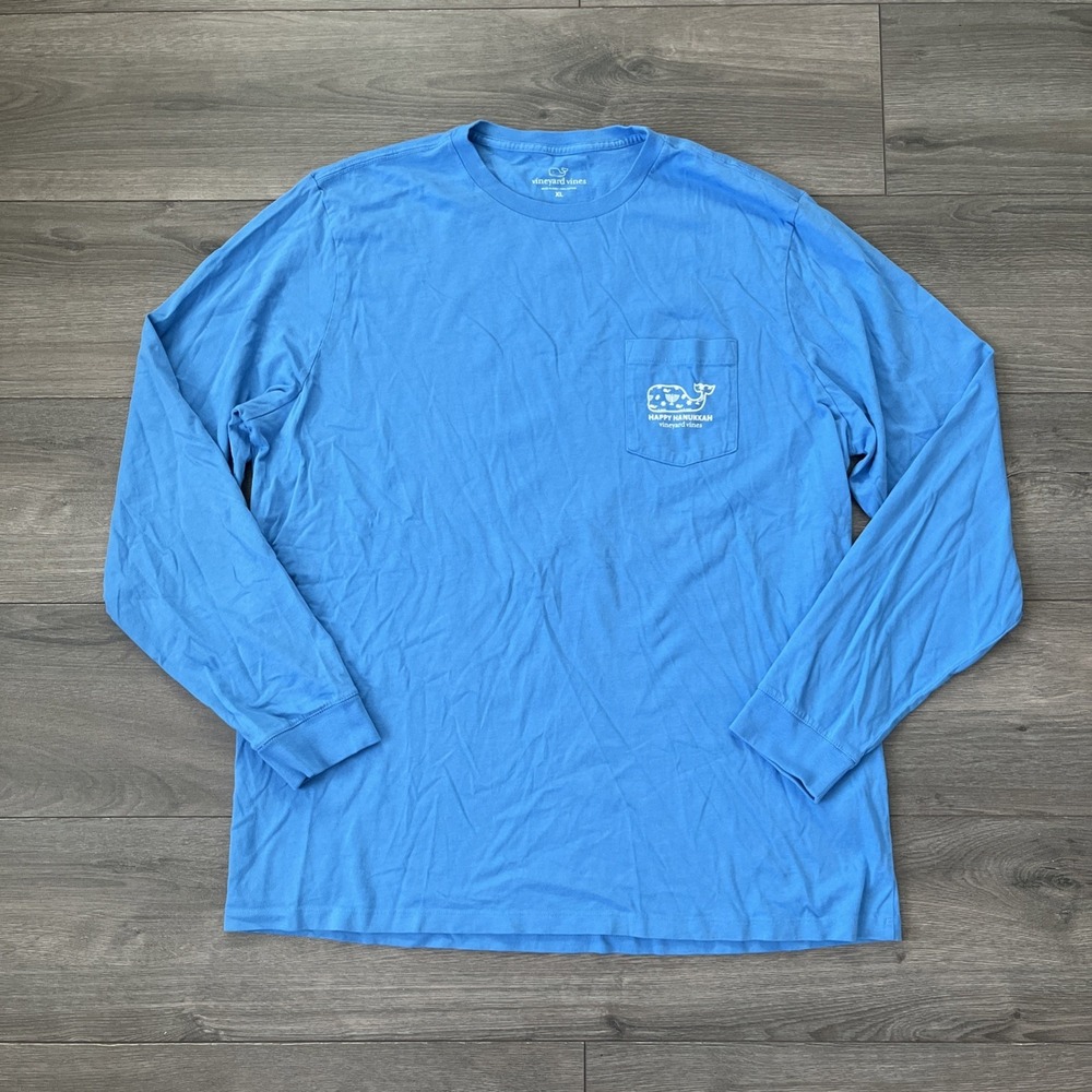 Vineyard Vines Mens XL Long Sleeve T Shirt Blue Happy Hanukkah Whale